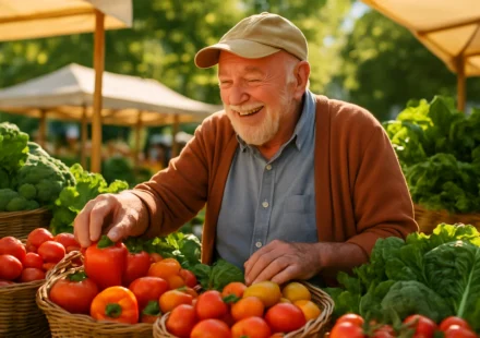 Happy senior shopping for fresh vegetables at an outdoor farmers market