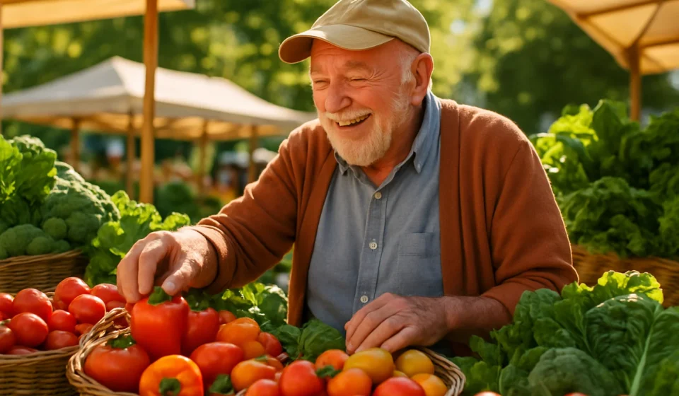 Happy senior shopping for fresh vegetables at an outdoor farmers market