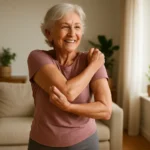 Active senior woman doing a gentle shoulder stretch exercise at home