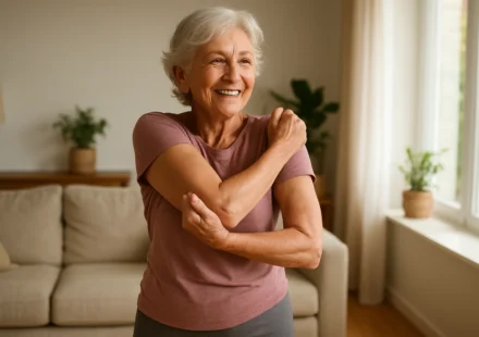 Active senior woman doing a gentle shoulder stretch exercise at home