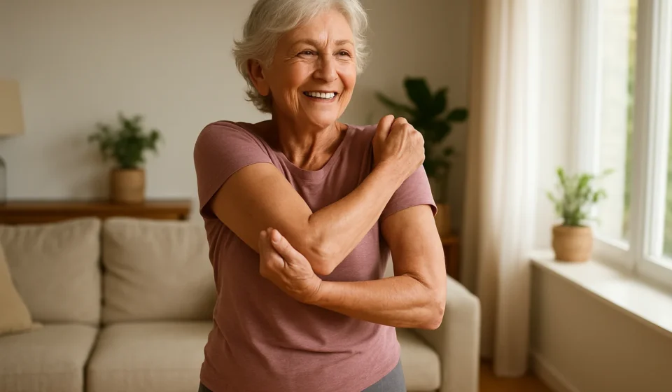 Active senior woman doing a gentle shoulder stretch exercise at home
