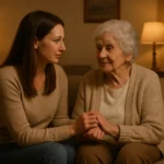 Adult daughter calmly reassuring her senior mother in a warmly lit living room at dusk