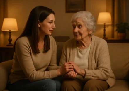 Adult daughter calmly reassuring her senior mother in a warmly lit living room at dusk