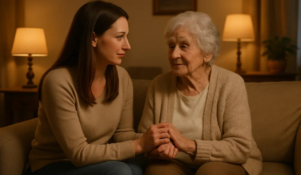 Adult daughter calmly reassuring her senior mother in a warmly lit living room at dusk