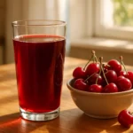 Glass of tart cherry juice with fresh red cherries on a table in a bright kitchen