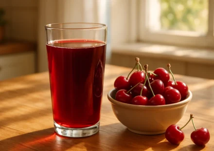 Glass of tart cherry juice with fresh red cherries on a table in a bright kitchen