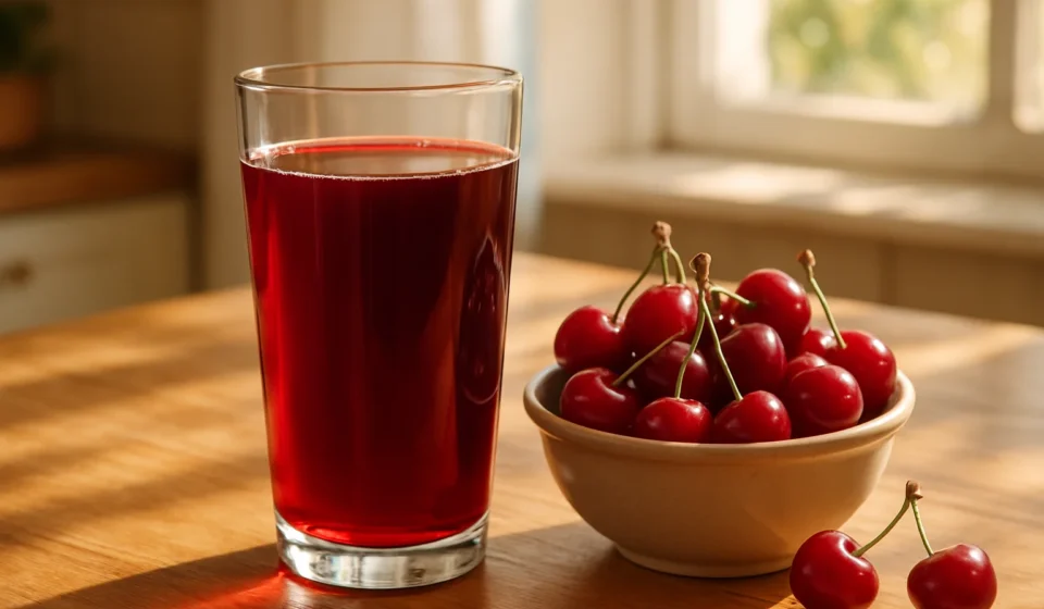 Tart Cherry Juice for Seniors 2026: Sleep, Gout & Dose Glass of tart cherry juice with fresh red cherries on a table in a bright kitchen