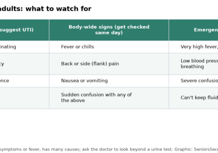 Table of UTI signs in older adults: bladder symptoms, body-wide signs needing same-day care, and emergency signs