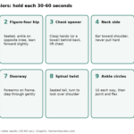 Grid of 10 stretches for seniors: calf, figure-four hip, chest opener, neck side, hamstring, quad, doorway, spinal twist, ankle circles, cat-cow