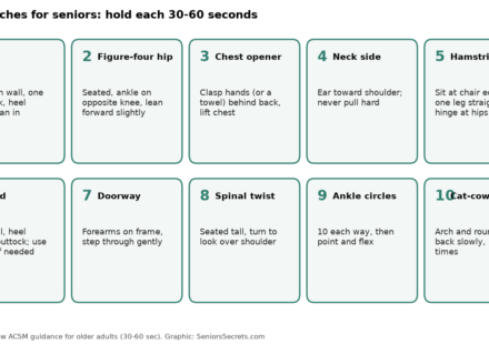 Grid of 10 stretches for seniors: calf, figure-four hip, chest opener, neck side, hamstring, quad, doorway, spinal twist, ankle circles, cat-cow