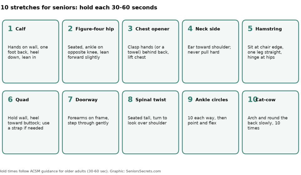 Grid of 10 stretches for seniors: calf, figure-four hip, chest opener, neck side, hamstring, quad, doorway, spinal twist, ankle circles, cat-cow
