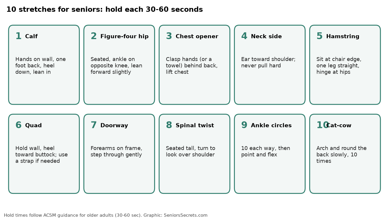 Grid of 10 stretches for seniors: calf, figure-four hip, chest opener, neck side, hamstring, quad, doorway, spinal twist, ankle circles, cat-cow