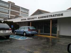 The Social Security Administration field office in Worcester, Massachusetts, with its name on the front of the building