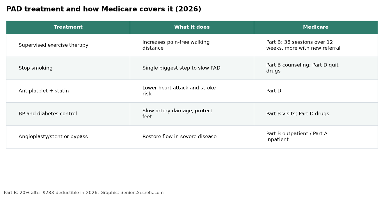 Table of PAD treatments and Medicare coverage: supervised exercise therapy 36 sessions under Part B, smoking cessation, medications under Part D, procedures under Part A or B