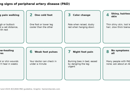 Grid of PAD warning signs: leg pain when walking, one cold foot, color change, shiny hairless skin, slow-healing sores, weak foot pulses, night foot pain, and no symptoms