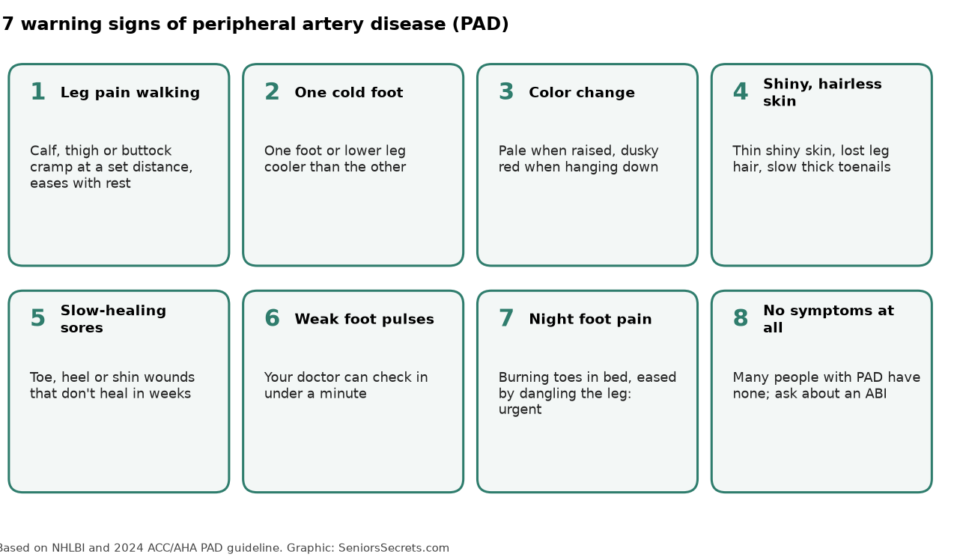 Grid of PAD warning signs: leg pain when walking, one cold foot, color change, shiny hairless skin, slow-healing sores, weak foot pulses, night foot pain, and no symptoms
