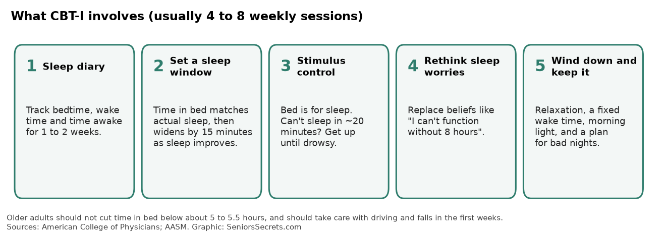 Five-step diagram of what cognitive behavioral therapy for insomnia involves