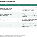 Table showing knee replacement exercise phases from days 1-14 to 3 months and beyond