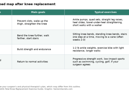 Table showing knee replacement exercise phases from days 1-14 to 3 months and beyond