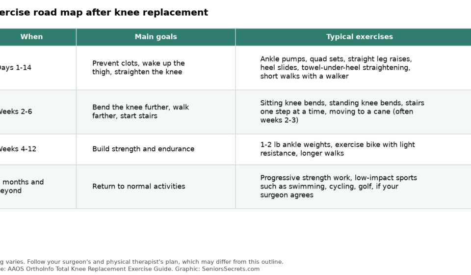 Exercises After Knee Replacement: A Week-by-Week Recovery Plan for Older Adults Table showing knee replacement exercise phases from days 1-14 to 3 months and beyond
