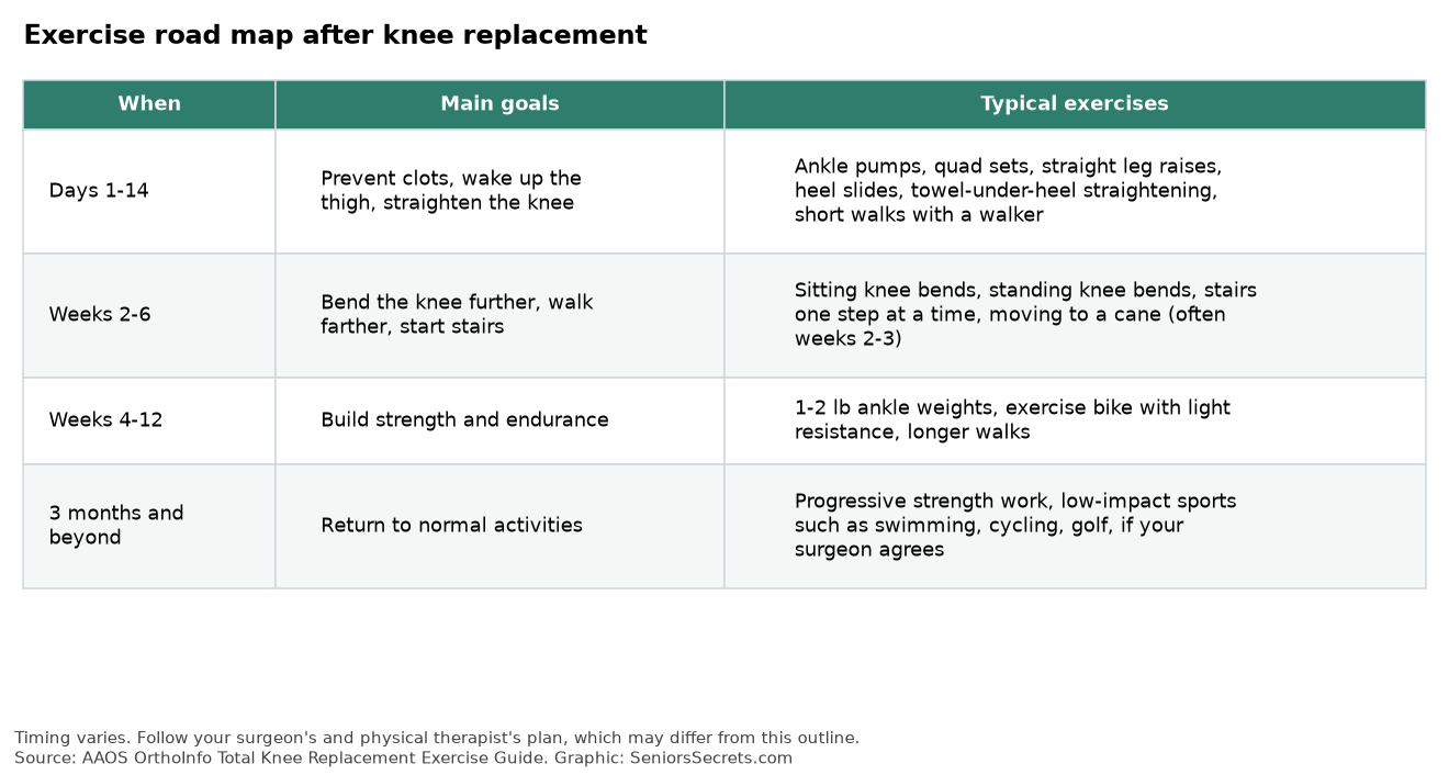 Table showing knee replacement exercise phases from days 1-14 to 3 months and beyond
