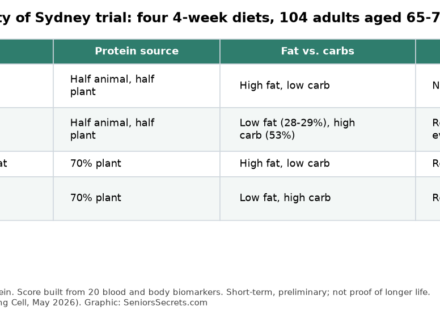Table of the four diets tested in the 2026 University of Sydney trial and how each affected the biological-age score