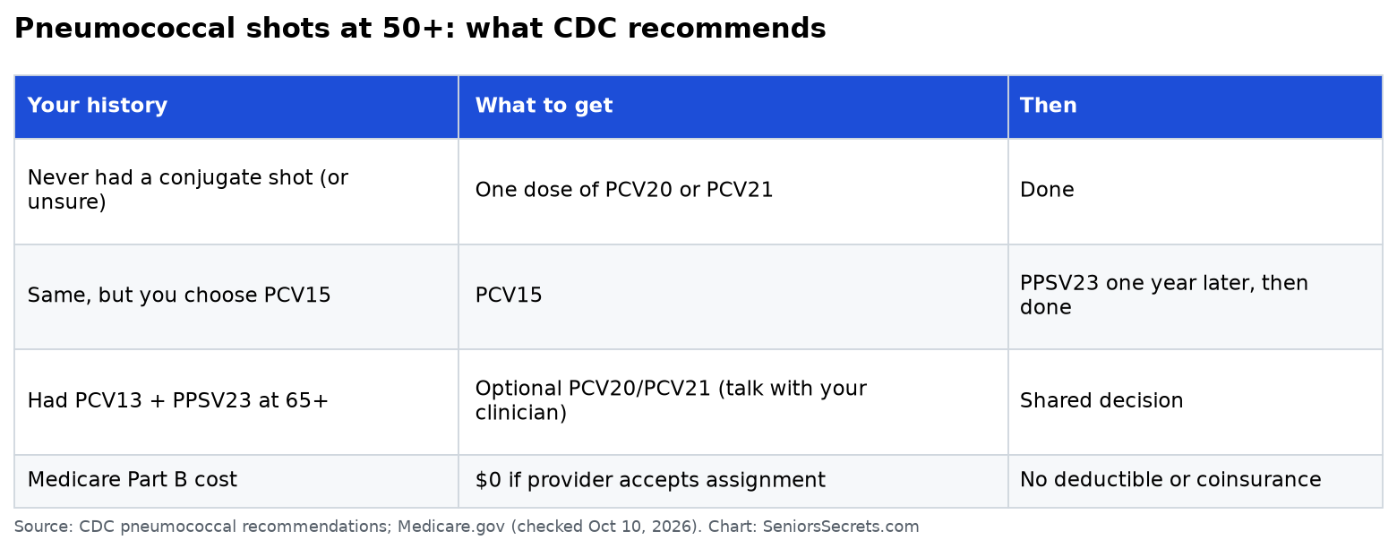 Table showing which pneumococcal vaccine adults 50 and older need based on their history, and the Medicare Part B cost