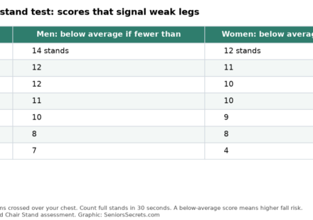 Table of below-average 30-second chair stand scores by age for men and women