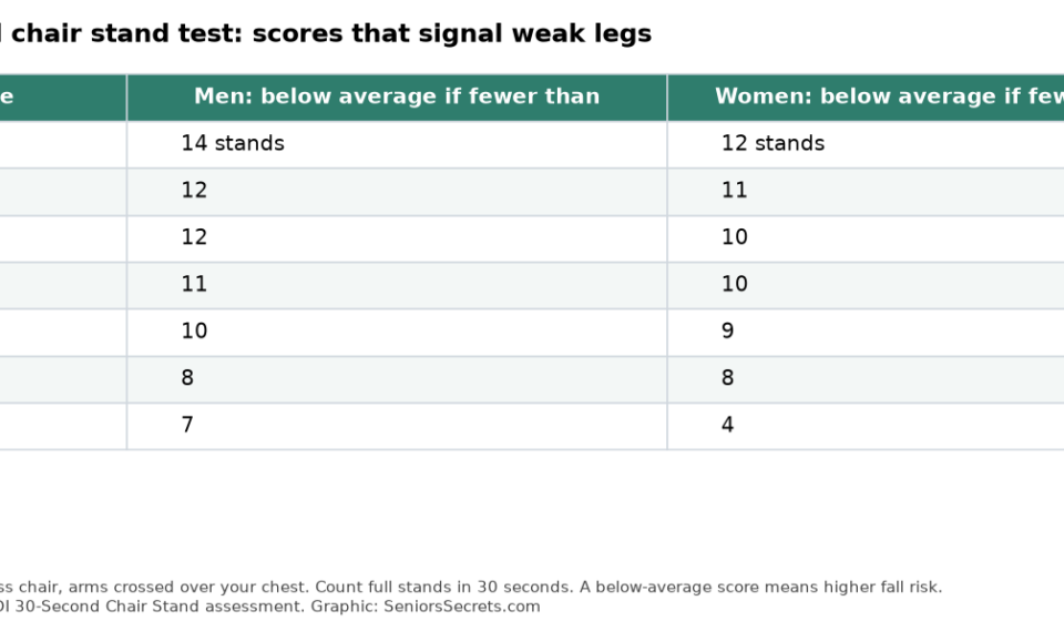 Table of below-average 30-second chair stand scores by age for men and women