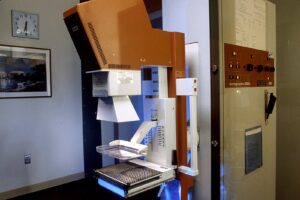 A mammography machine in a hospital imaging room