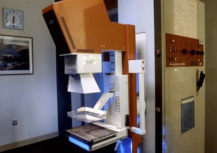 A mammography machine in a hospital imaging room