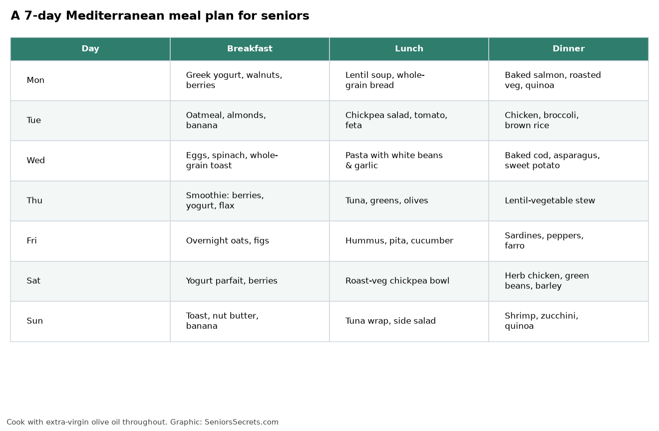 Seven-day Mediterranean meal plan for seniors with breakfast, lunch and dinner for each day