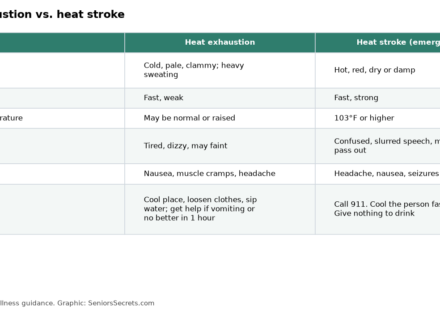 Comparison table of heat exhaustion and heat stroke: skin, pulse, temperature, mental state and what to do