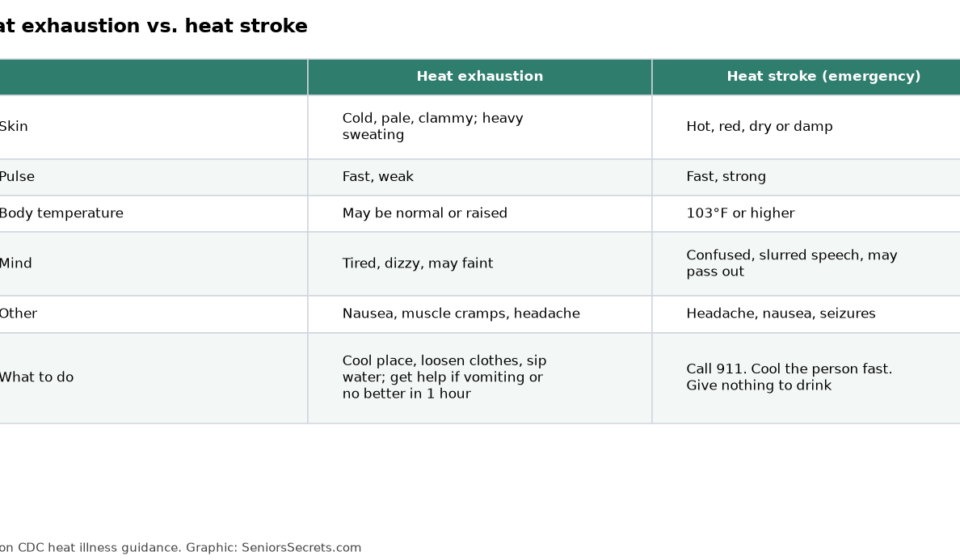 Comparison table of heat exhaustion and heat stroke: skin, pulse, temperature, mental state and what to do
