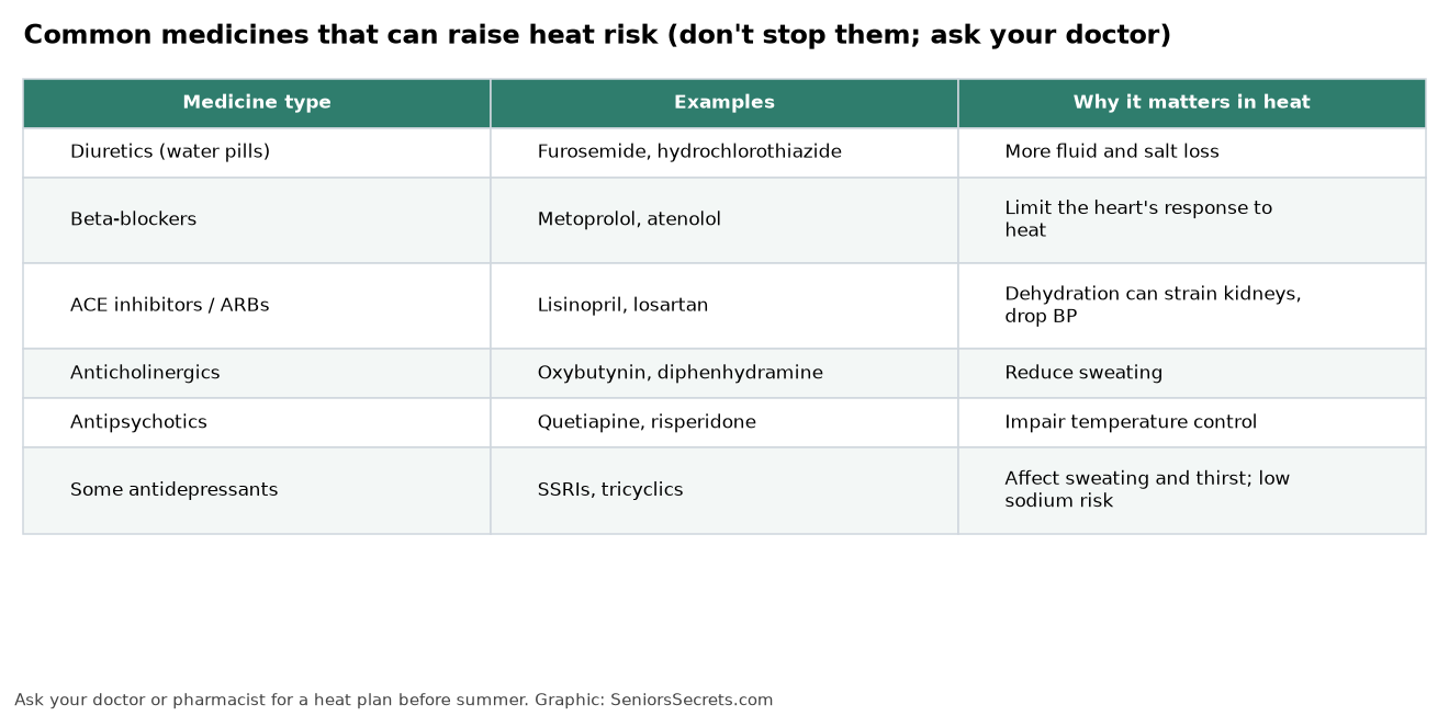 Table of medicine types that can raise heat risk, including diuretics, beta-blockers, ACE inhibitors, anticholinergics, antipsychotics and some antidepressants