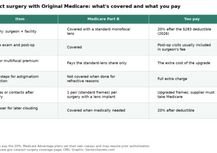 Table showing what Original Medicare covers for cataract surgery and what you pay, including premium lenses and glasses after surgery