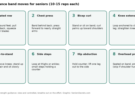 Grid of eight resistance band moves for seniors: seated row, chest press, bicep curl, knee extension, sit-to-stand, side steps, hip abduction, overhead press