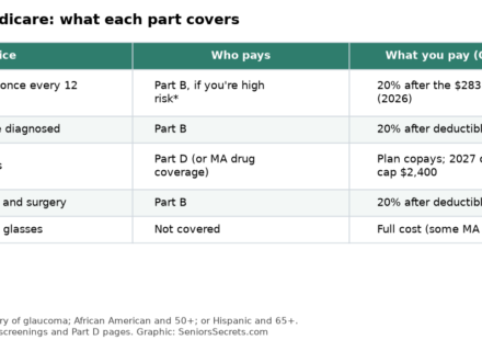 Table of what each part of Medicare covers for glaucoma, from yearly screening to eye drops and surgery