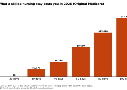Bar chart of out-of-pocket cost for a skilled nursing stay of 20 to 100 days in 2026