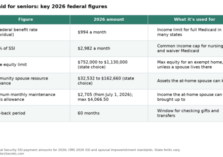 Table of 2026 federal Medicaid figures for seniors: SSI income level, 300% income cap, home equity limits and spousal allowances