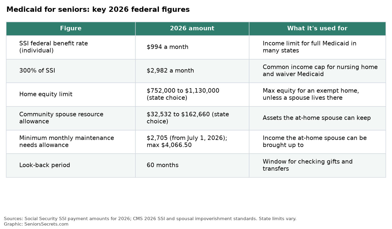 Table of 2026 federal Medicaid figures for seniors: SSI income level, 300% income cap, home equity limits and spousal allowances