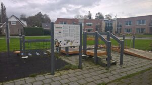 An outdoor exercise park for older adults with balance and leg equipment