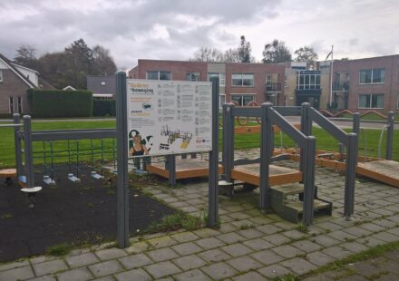 An outdoor exercise park for older adults with balance and leg equipment