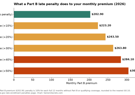 Bar chart of the monthly Part B premium with a late penalty of 10% to 50% at the 2026 premium of $202.90