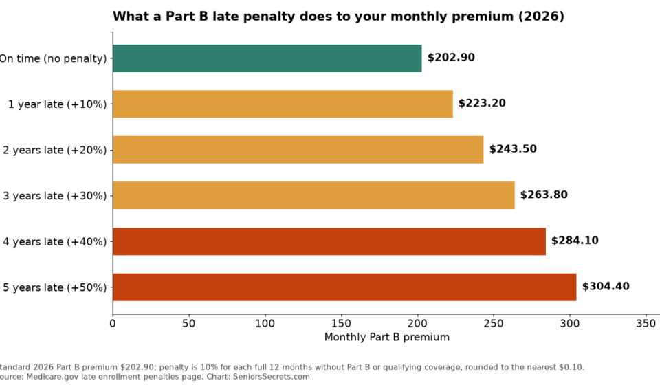 Bar chart of the monthly Part B premium with a late penalty of 10% to 50% at the 2026 premium of $202.90