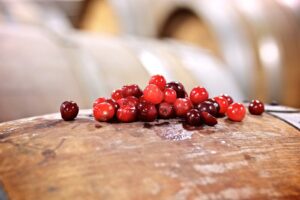 A small pile of red Montmorency and darker Balaton tart cherries on a wooden barrel top