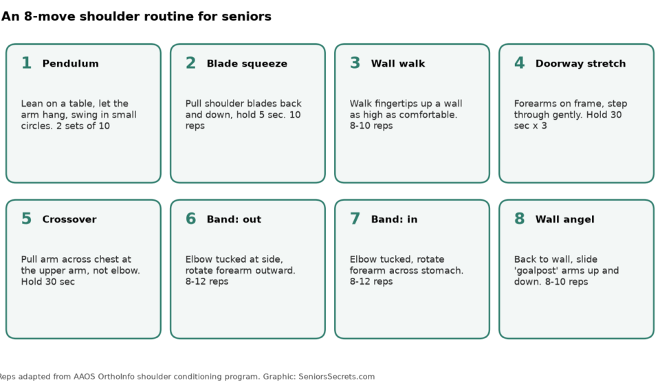 Eight-move shoulder routine for seniors with reps: pendulum, blade squeeze, wall walk, doorway stretch, crossover, band rotations and wall angel