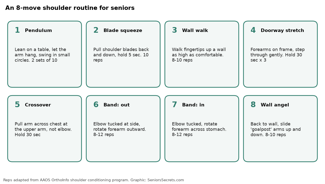 Eight-move shoulder routine for seniors with reps: pendulum, blade squeeze, wall walk, doorway stretch, crossover, band rotations and wall angel