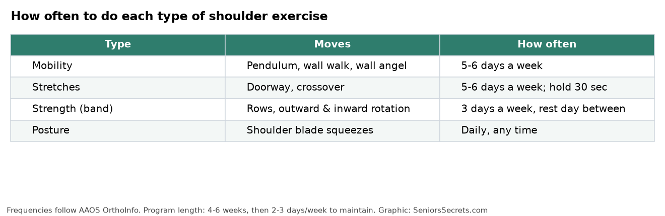 Weekly plan table: mobility and stretches 5 to 6 days a week, band strengthening 3 days a week, blade squeezes daily