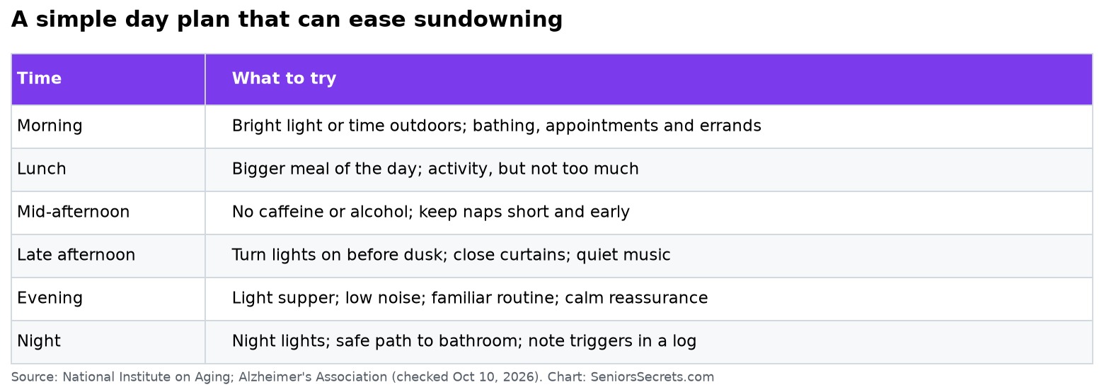 Chart of a daily routine to ease sundowning, from morning light and activity through a calm evening and night lights